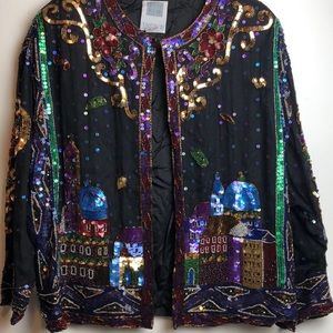 Vintage beaded sequin Maroc in city wearable art trophy jacket size large XL